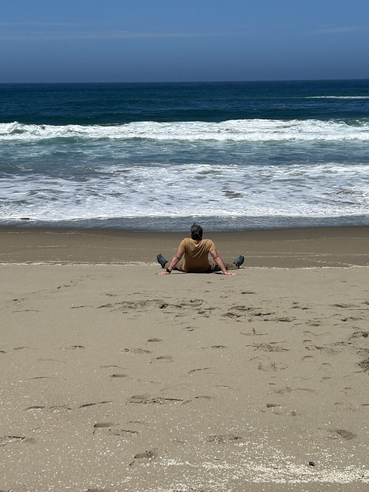 Sitting in the sand facing the ocean