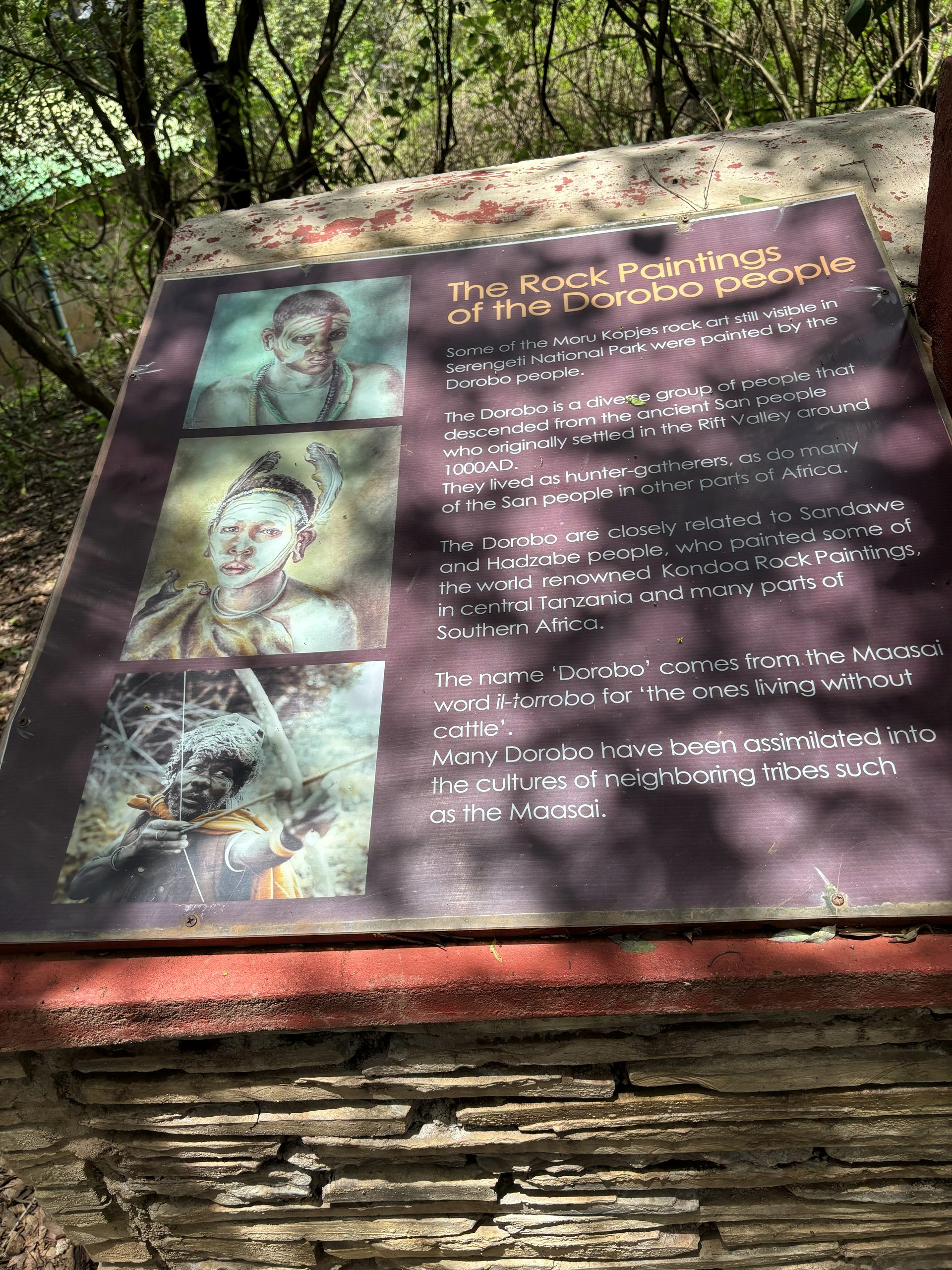 The hand-painted Moru Kopjes wildlife map at the ranger post — showing kopje clusters, game trails, Lake Magadi, and painted animal illustrations