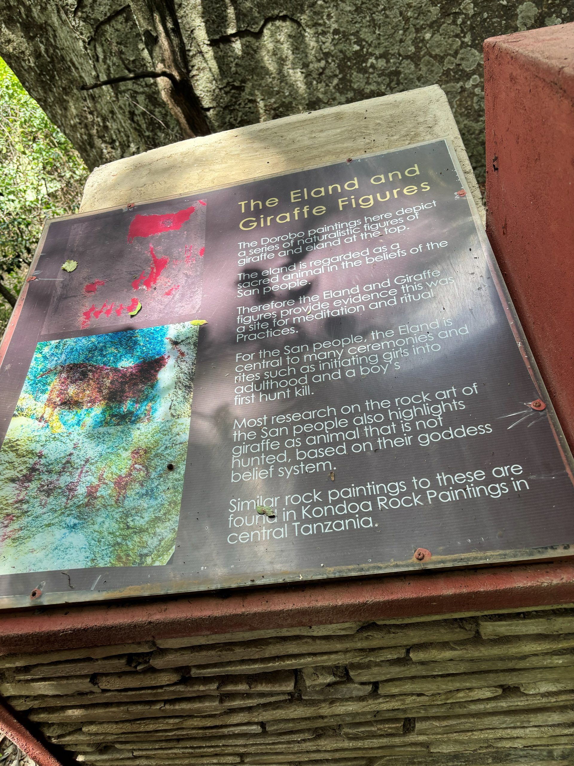 Dorobo rock paintings on the granite kopje face — ochre human figures in motion, hunters and dancers, ancient art still vivid on the stone
