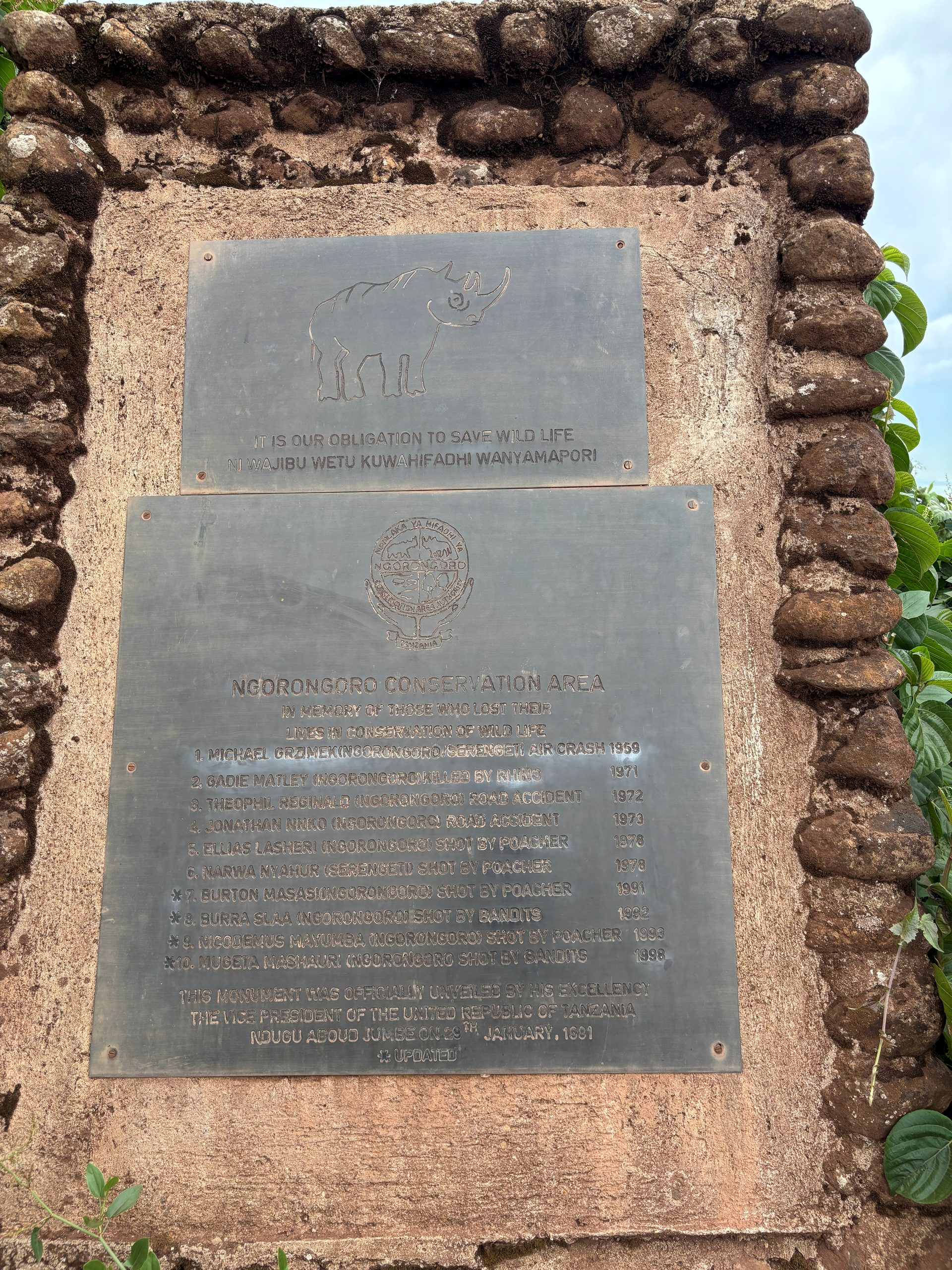 Ngorongoro Conservation Area memorial plaque — in memory of those who lost their lives in conservation of wild life